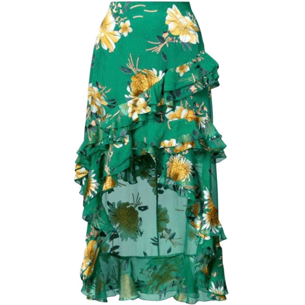 Alice + Olivia Floral Silk Blend Ruffle High Low Maxi Skirt Green Size XS